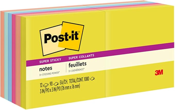 Post-it Super Sticky Notes, 12 Sticky Note Pads, 3 x 3 in., School Supplies, Office Products, Sticky Notes for Vertical Surfaces, Monitors, Walls and Windows, Summer Joy Collection