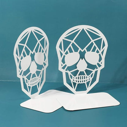 Metal Skull Design White Bookend - Heavy-Duty Bookends for Shelves, Skull Book Ends for Heavy Books, Book Shelf Holder Home Office Decorative Desktop Organizer (1 Pair-White)