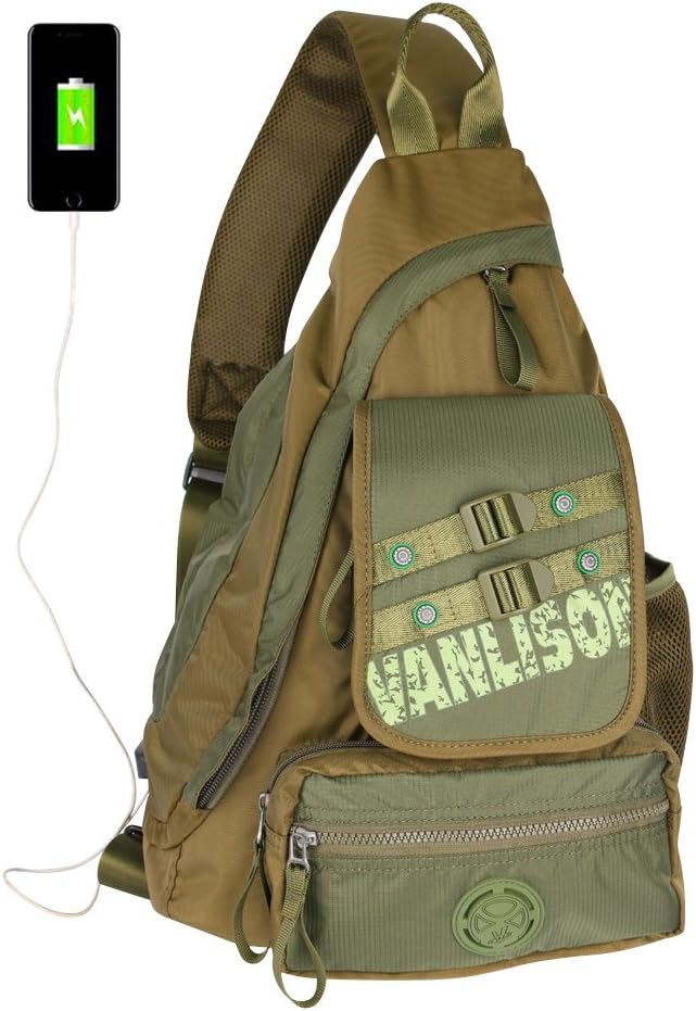 Larswon Sling Bag with USB Charging Port, Sling Backpack USB, Shoulder Backpack, Large Crossbody Bag, Chest Bag Large Army Green