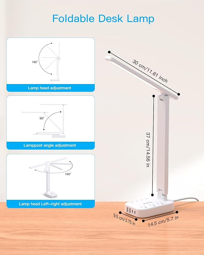 Power Strip with LED Desk Lamp, 10 Ft Extension Cord with 3 Outlets 4 USB Ports(2 USBC), 4 Modes 5 Level Touch Lamp Small Desk Lamp for Home Office, Study Reading Light, Dorm Room Essentials
