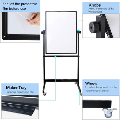 XIWODE Double-Sided Magnetic Dry Erase Board，36 X 24 Inch Mobile Whiteboard on Wheels with Rolling Stand, Black Aluminum Frame