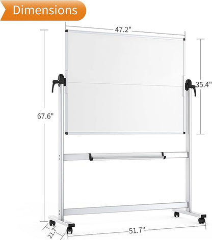 VIZ-PRO Double-Sided Mobile Whiteboard, 48 x 36 Inches, Magnetic Rolling Dry Erase White Board on Wheels with Aluminium Frame and Stand