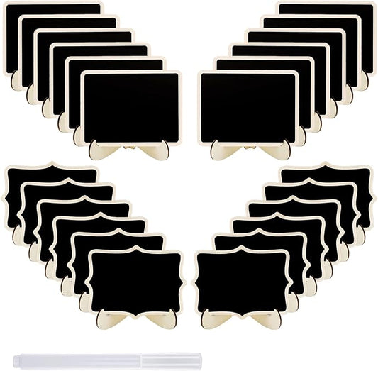 24 Pcs Small Chalkboard Labels with Easel Stand, Mini Chalkboard Signs, Wooden Blackboard for Table Numbers, Food Signs, Wedding Signs, Place Cards and Event Decoration, with 1 Liquid Chalk