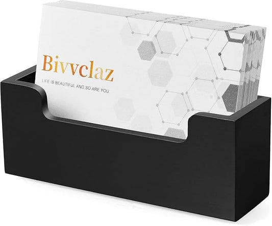 Black Business Card Holder Desk, Wood Business Card Organizer Desktop Business Card Display Stand for Office Tabletop Exhibition, Small Business Essentials
