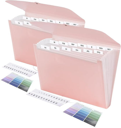 2 PCS Expanding File Folder A4,13 Pockets File Organiser with Colored Tags, Paperwork A4 Plastic Wallet Document Storage Expander for School,Office and Home, Pink
