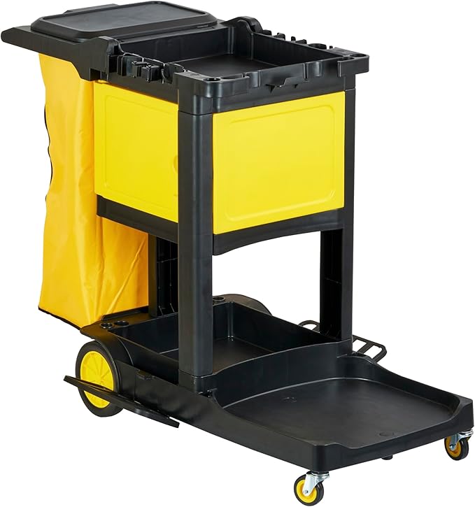 Restaurantware-Clean Tek Professional 3-Shelf Janitor Cart with Wheels, 1 Cleaning Trolley with Cover and 21 Gallon Bag - Includes 1 Single Locking Cabinet, Heavy-Duty, Gray Plastic Janitorial Cart