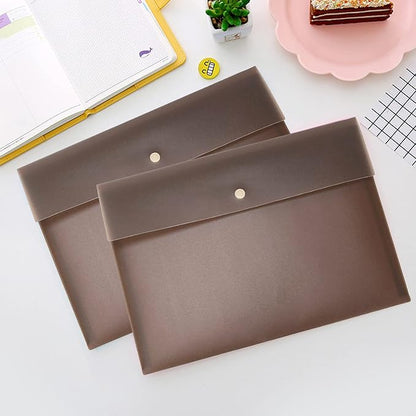 VANRA 5 Pieces A4 Envelopes Folders for Paperwork Plastic Wallets Document Organizer with Snap Button Closure A4 Letter Size (Brown)