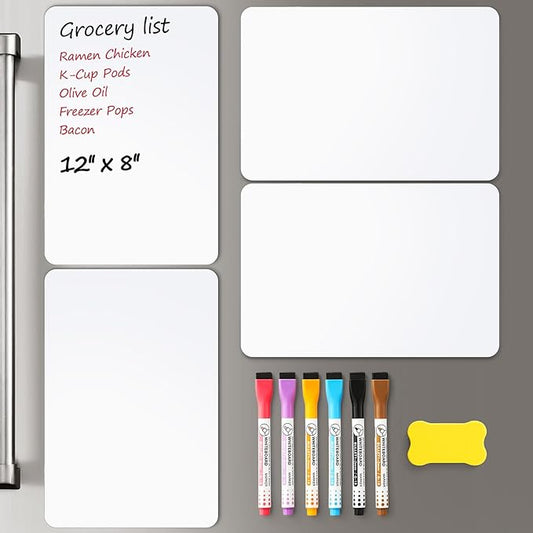 4 PACK Magnetic Dry Erase Board Sheet for Fridge, 12"x8" Erasable Refrigerator WhiteBoard w/ 6 Markers & 1 Eraser- Smooth and Flexible Small Magnet Blank Notepad for Home Kitchen Organizer and Planner