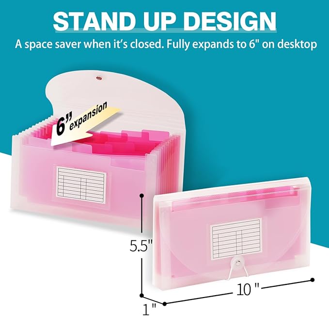 H4D Check Size 13 Pocket Expanding File Folder, Accordion File Organizer Wallet Case for Coupon Receipt Storage, 10 x 5.5 inches, Pink