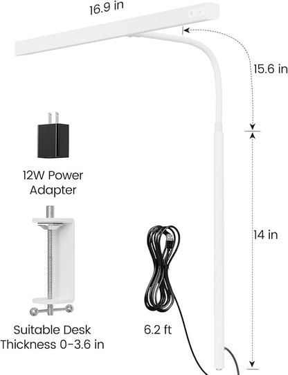 SUPERDANNY LED Desk Lamp for Home Office, Eye-Caring Desk Light with Adjustable Gooseneck, 12W Touch Control Dimmable Brightness, Architect Clamp Lamp with USB Adapter, White