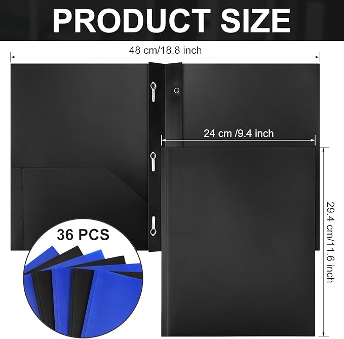 Cholemy 36 Pcs Plastic Pocket Folders with Prong 2 Heavy Duty Pockets Folders with 3 Prongs Letter Size Paper Folders Bulk File Plastic Folders with Fasteners for Office Workers (Black,Blue)