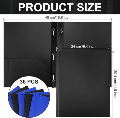 Cholemy 36 Pcs Plastic Pocket Folders with Prong 2 Heavy Duty Pockets Folders with 3 Prongs Letter Size Paper Folders Bulk File Plastic Folders with Fasteners for Office Workers (Black,Blue)
