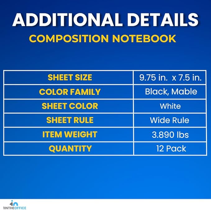 1InTheOffice Marble Composition Notebook, Wide Ruled Composition Notebook, 9.75" x 7.5", Black Marble Cover, 100 Sheets/Pack (12)
