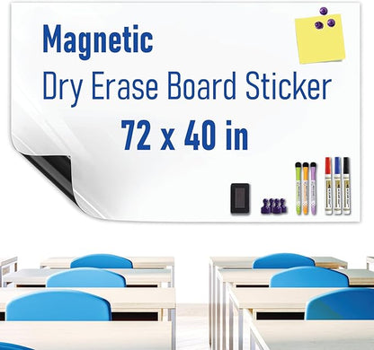 Large Magnetic Whiteboard Sticker Dry Erase Board for Wall - Adhesive Backing 72'' x 40'' Whiteboard for Classroom Office Home Include Marker Magnet Eraser