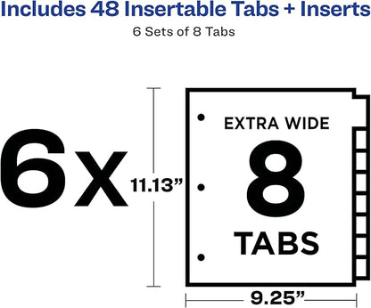 Avery Big Tab Extra-Wide Insertable Clear Tab Dividers for 3 Ring Binders, 8-Tab Set, White, 6 Sets (11254)