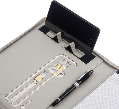 Phone Charging Business & Travel Portfolio w/Built-in Power Bank- Zipper Closure & Refillable Pad- Professional Organizer Padfolio That Charges Phones/Tablets on The Go (Gray)