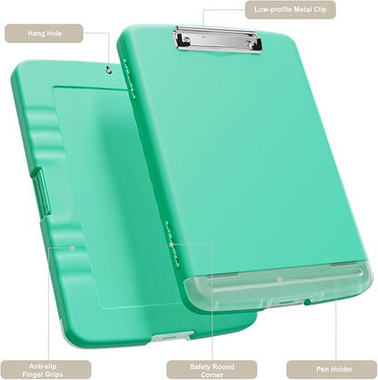 Piasoenc Clipboard with Storage, 8.5 x 11 Organization Box with Pen Holder and A4 Legal Paper Folder, Heavy Duty Plastic, Folio & Side-Opening, Low Profile Clip for Nurses, Teachers, Green