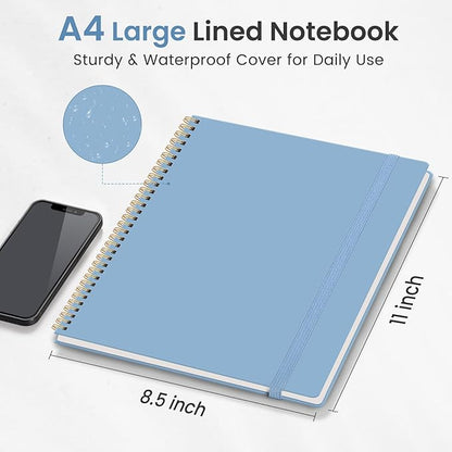 Taja Spiral Lined Notebook, 8.5"x11" Notebooks for Work, Large A4 Journal for Women & Men, College Ruled Journaling Notebook for Writing, Plastic Cover Spiral Journal, Blue