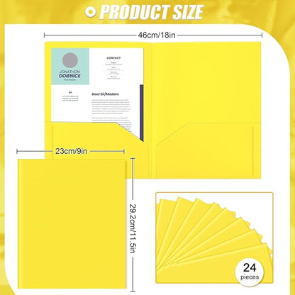 Gueevin 24 Pcs Plastic Folders with Pockets, Two Pocket Folder Fit Letter Size, Heavy Duty School Business Card Holder for Home Office School Bussiness, 11.61 x 9.45 Inches (Yellow)