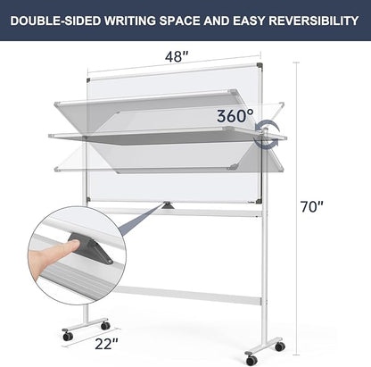 Dry Erase Whiteboard Easel on Wheels - TANKEE 48" x 32" Large Double Sided Mobile Whiteboard, Reversible Magnetic Rolling White Board for Home Office Classroom, Flip Chart Holders and Paper Pad