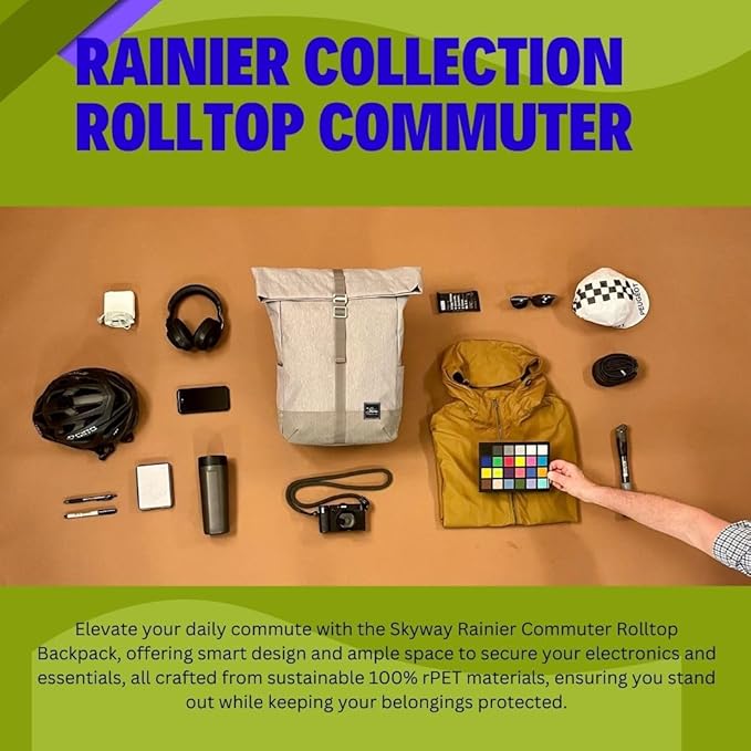 Skyway Luggage Rainier Rolltop Commuter Casual Daypack for Work or Hiking, Eco-Friendly, Made of 100% rPET Travel Laptop Bag for Women & Men, 20L, Zion Gray