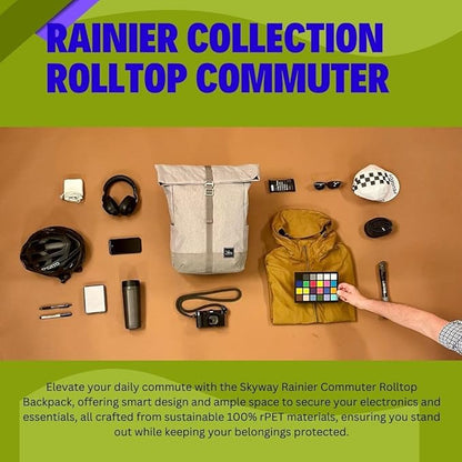 Skyway Luggage Rainier Rolltop Commuter Casual Daypack for Work or Hiking, Eco-Friendly, Made of 100% rPET Travel Laptop Bag for Women & Men, 20L, Zion Gray