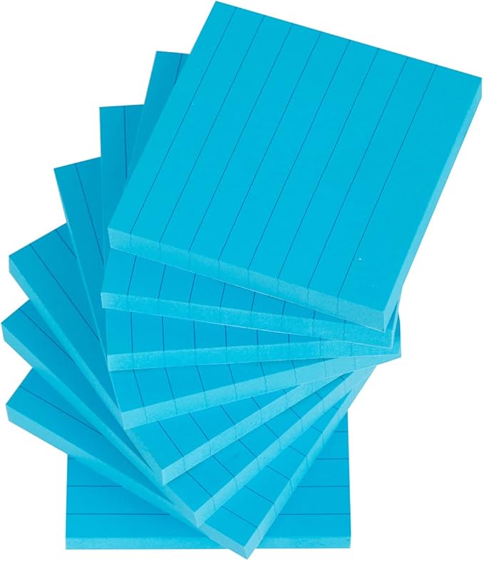 Lined Sticky Notes 3x3 Inches, Bright Blue Ruled Self-Stick Pads, Easy to Post for Home, Office, Notebook, 8 Pads/Pack
