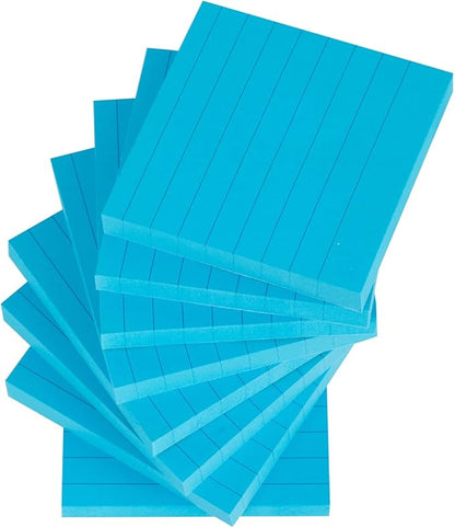Lined Sticky Notes 3x3 Inches, Bright Blue Ruled Self-Stick Pads, Easy to Post for Home, Office, Notebook, 8 Pads/Pack