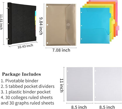 2 Pcs Pivotable Refillable Notebook, 3 Ring Binder Notebooks 1 Inch, Notebook with Dividers and Pockets, Folder Notebook, Flexible Binder, Soft Binders 3 Ring, Foldable Binder- Black