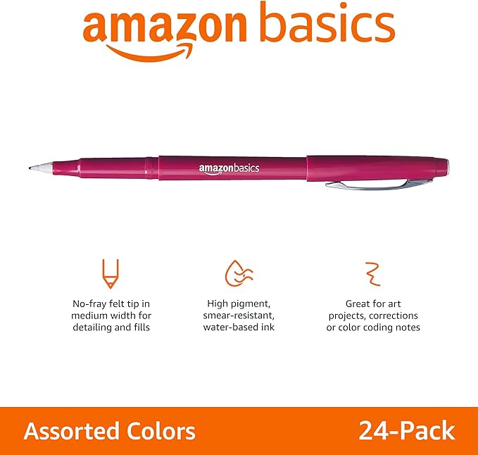 Amazon Basics Felt Tip Markers, Assorted Colors, 24-Pack