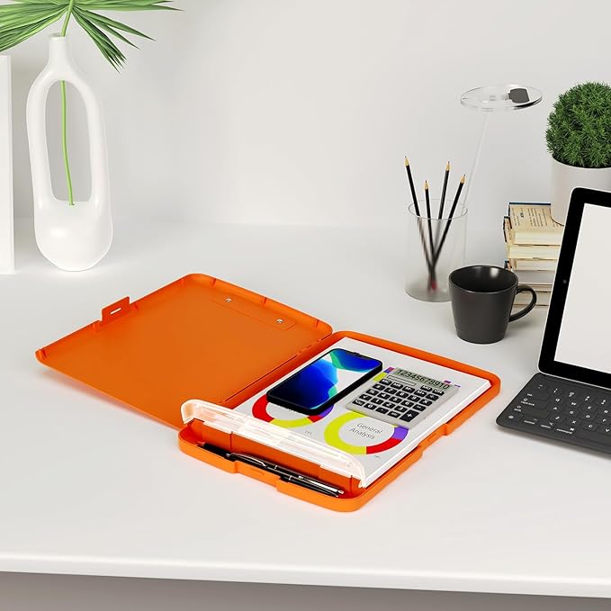 Piasoenc Clipboard with Storage, 8.5 x 11 Organization Box with Pen Holder and A4 Legal Paper Folder, Heavy Duty Plastic, Folio & Side-Opening, Low Profile Clip, for Nurses, Teachers, Orange