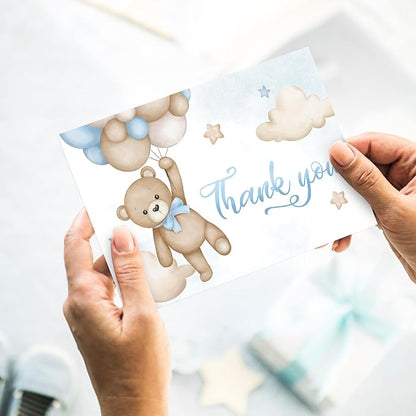 Whaline 24 Pack Bear Thank You Card Blue Bear Balloon Greeting Card with Envelope Sticker Cute Blank Note Card for Baby Shower Party Invitation Supplies, 4 x 6 Inch
