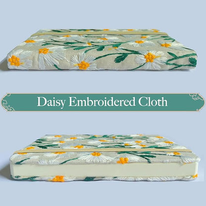 Pocket Journal, Small Notebook, A6 Sketchbook, 4x6, Unlined, Flower Embroidered Notebook, Blank, Hardcover, Lay Flat, Elastic Band, Beautiful Journal, Daisy Gifts for Women, White Daisy