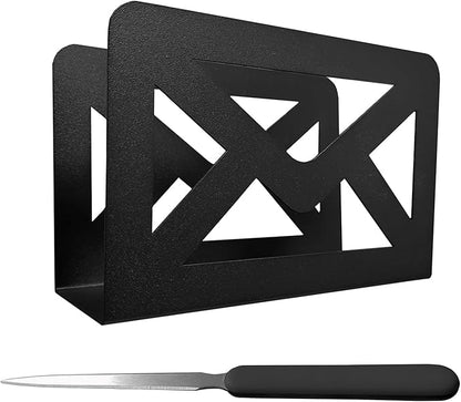 Black Metal Mail Holder, Countertop Letter Organizer with Letter Opener, Office Desktop Envelope Rack, Tabletop Document Stand (Sign)