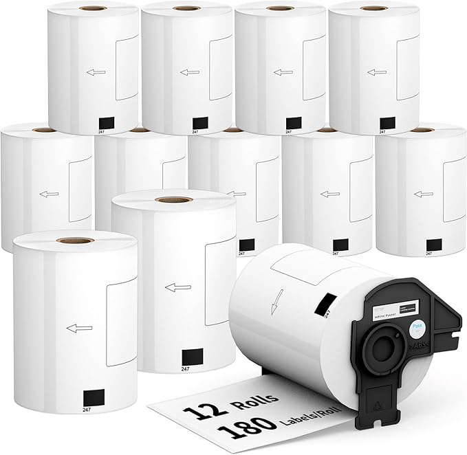 12 Rolls 2160 Labels 4.07"x6.4" Compatible Die-Cut Wide Format Shipping Mailing Postage Address Labels Paper for Brother DK 1247, Tacnology Used with Brother QL Label Printers, 1+ Reusable Cartridge