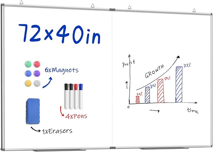 72"X 40" Large Magnetic Dry Erase Whiteboard, Removable Wall Hanging Board with 4 Pens & 1 Dry Erasers & 6 Magnets, Sliver Aluminum Frame White