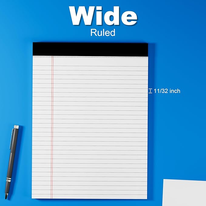 2-Pack Professional Legal Pads 8.5x11 Inches, Wide Ruled White Paper Perforated - 50 Sheets per Pad, Durable for Office, School & Legal Use