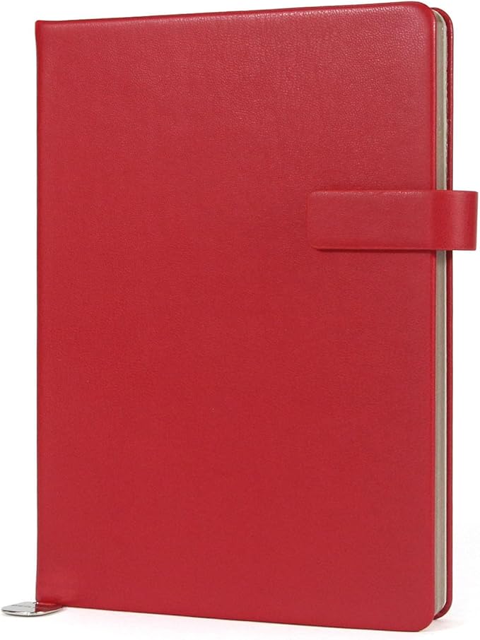 A5 Hard Cover Notebook with Pen Holder, Gold Edges & 180° Lay Flat - Large 5x8.25 Lined, Bookmark, Gift Box - Durable Journal for Office, Study, Travel - Writers, Students (Red)