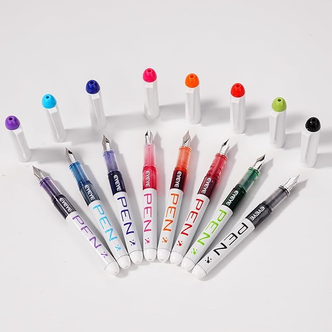 EYEYE Fountain Pens for Writing, 8 Pack Assorted Colors Fine Point Disposable Fountain Pens Stainless Steel Nib, Smooth Writing for Calligraphy, Journaling, Drafting, Sketching, Doodling & Gifts