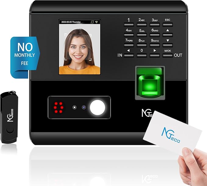 NGTeco Time Clocks for Employees Small Business with Face, Fingerprint, RFID and PIN Punching in One, MB1 Office Time Card Machine Automatic Punch with APP for iOS Android (0 Monthly Fee)