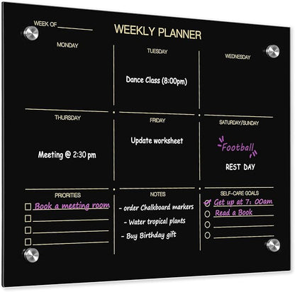 Okydoky Glass Dry Erase Whiteboard,Weekly Whiteboard,12" x 16",Frameless Glass White Board for Home,School,Office,Black Surface(Glass Weekly-BK-3040)