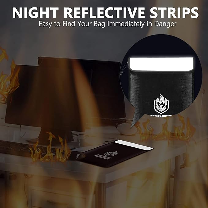 Upgraded Two Pockets Fireproof Document Bag (2000℉), andyer 15”x 11”Waterproof Fireproof Money Bag with Zipper, Waterproof Holder Pouch Fire Safe Envelope for Valuables, Legal Documents (Jet Black)