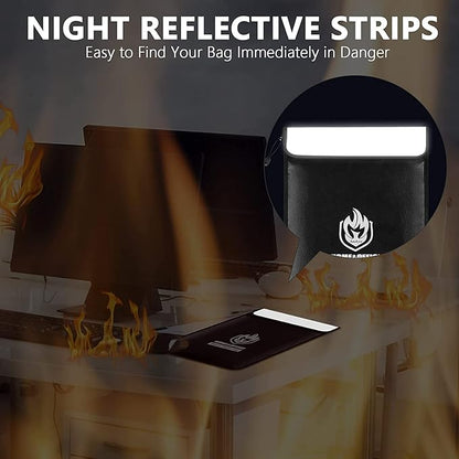 Upgraded Two Pockets Fireproof Document Bag (2000℉), andyer 15”x 11”Waterproof Fireproof Money Bag with Zipper, Waterproof Holder Pouch Fire Safe Envelope for Valuables, Legal Documents (Jet Black)