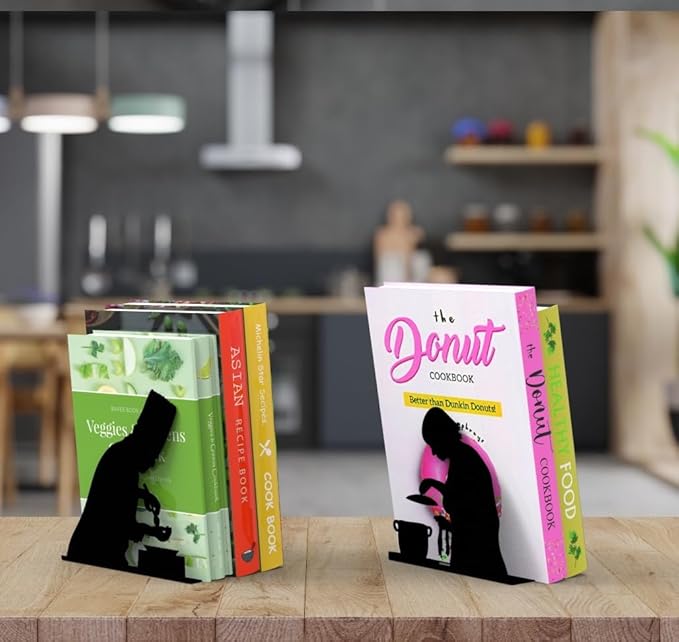Unique Metal Decorative Bookends - Whimsical Hidden Book Ends for a Cool Book Holder Display - Cute Home Decor and Modern Gift Idea for Shelves Desk or Table (Cooking)