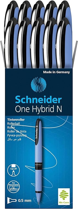 Schneider One Hybrid N Rollerball Pen, 0.5 mm Hybrid Needle Tip, Light Blue Barrel, Black Ink, Box of 10 Pens (183501)