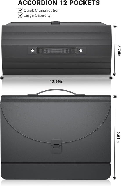 Accordion File Organizer/Expanding File Folder with Handle,13 Pockets Filing Box,Perfect for Desk top Stand/Portabe Document Paper Organizer,A4/Letter Size,Colored Monthly/Blank Tabs,Black Matte