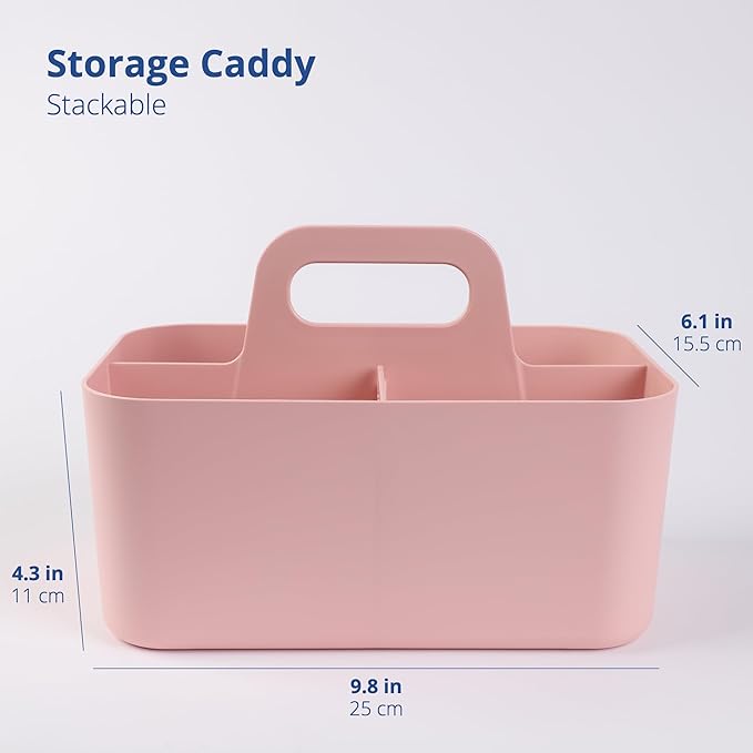 BLUE GINKGO Stackable Organizer Caddy – Korean-Made Portable Tote for Bathroom, Office, Crafts, or School Supplies (Rectangle, Pink)
