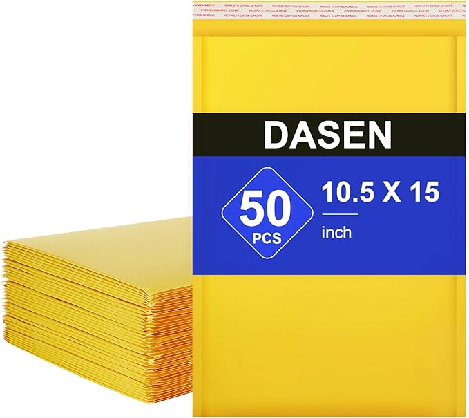 Dasen Kraft Bubble Mailers 10.5x15 Inch 50 Pcs,Small Self-Sealing Waterproof Cushioned Mail Shipping Bags,Yellow Padded Envelopes #5