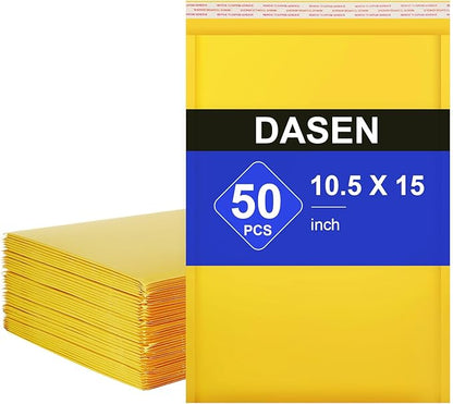 Dasen Kraft Bubble Mailers 10.5x15 Inch 50 Pcs,Small Self-Sealing Waterproof Cushioned Mail Shipping Bags,Yellow Padded Envelopes #5