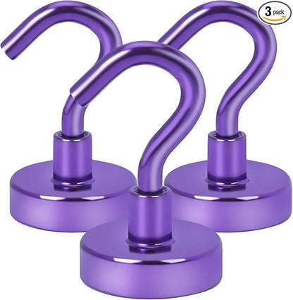 DIYMAG Magnetic Hooks Heavy Duty, 30Lbs Rare Earth Neodymium Magnet Hooks with Nickel Coating for Kitchen, Garage, Cruise, Classroom, Workplace and Office etc, (Purple，Pack of 3)